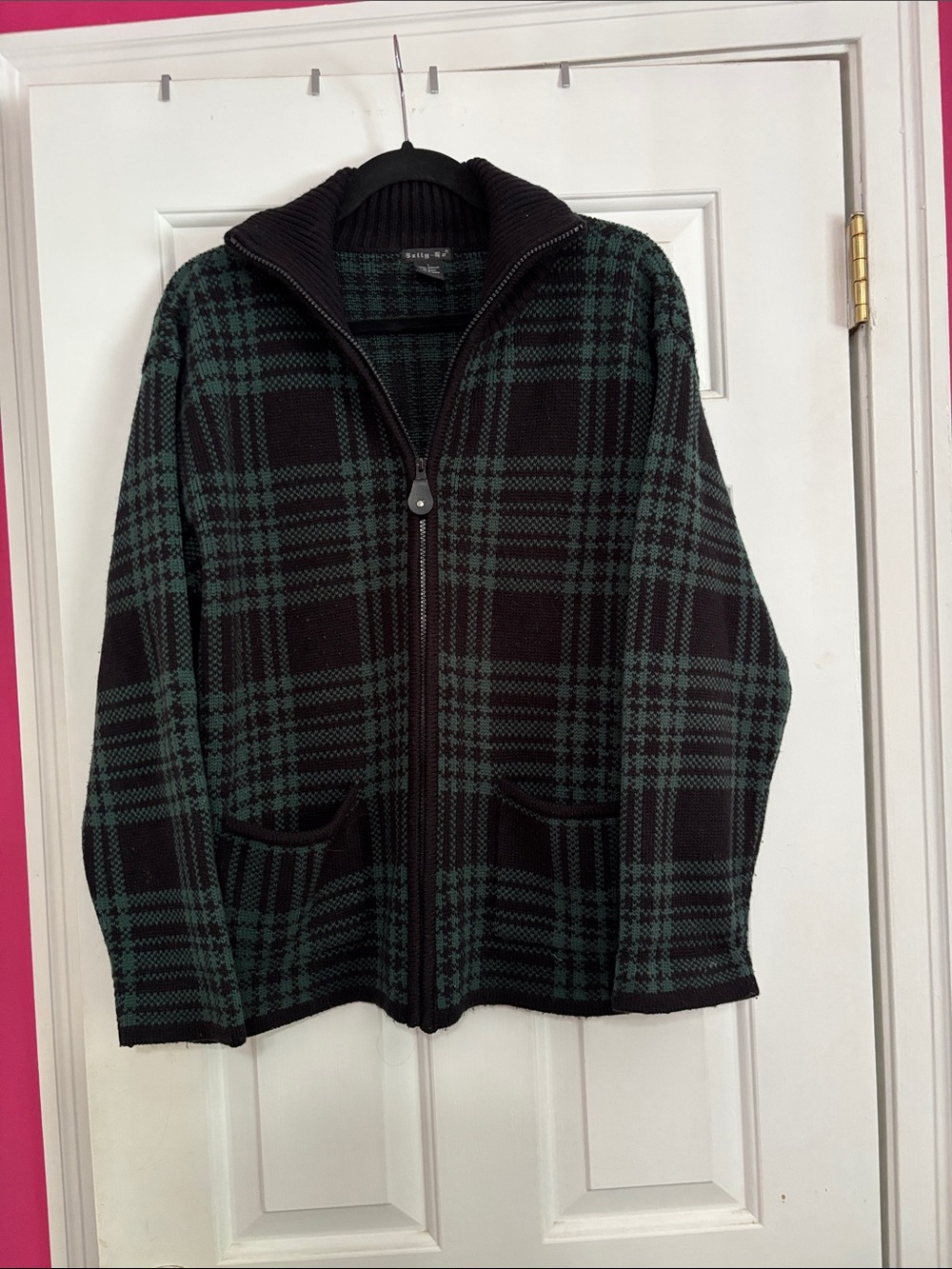 Tally Ho Black and Dark Green Plaid Zip-Front Cardigan